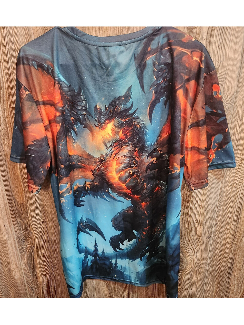 Fantasy Flaming Dragon & Castle Scene Polyester T-shirt Size 2XL Dungeons D&D